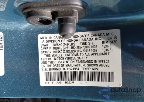 2015 Honda Cr-V Lx z USA, uszkodzony, nr VIN 2HKRM3H34FH524954